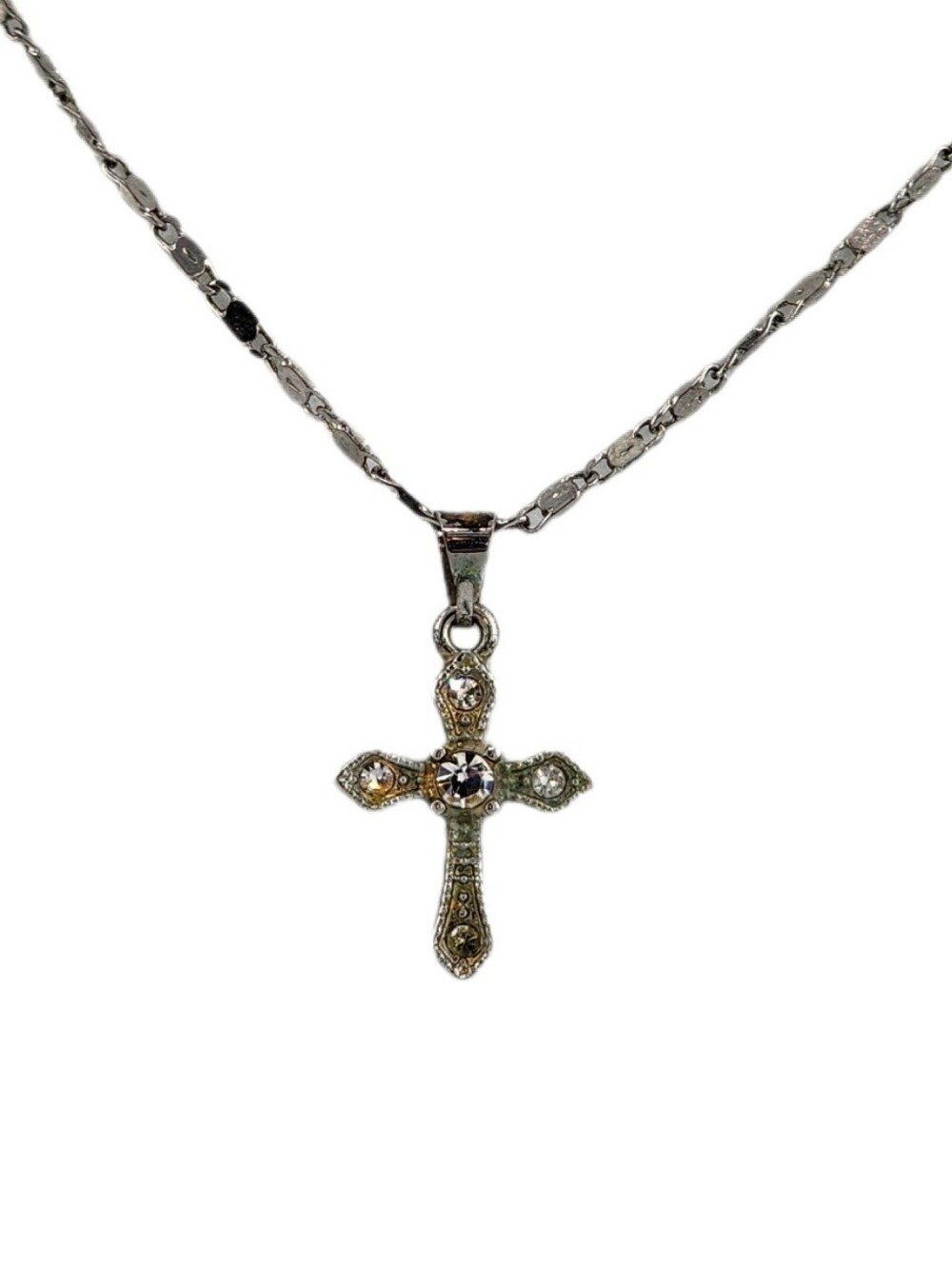 Elegant Silver & Crystals Cross Silver Tone Pendant Necklace